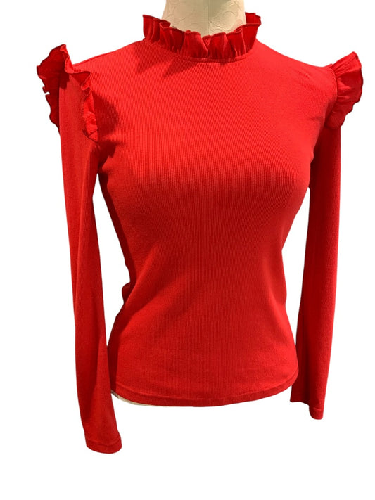 XS Womens Red Ribbed Ruffle Shoulder Shirt Long Sleeve Knit