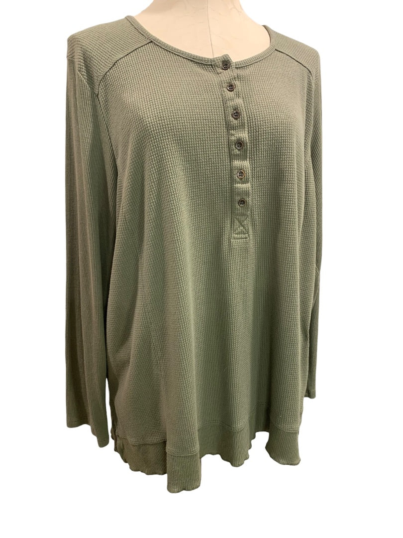 22/24 Avenue Womens Thermal Henley Shirt Olive Green Lightweight