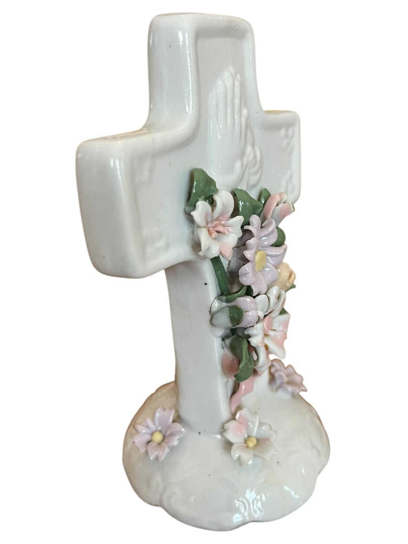 Praying Hands Floral Cross 1998 5.5 Inch Freestanding Floral