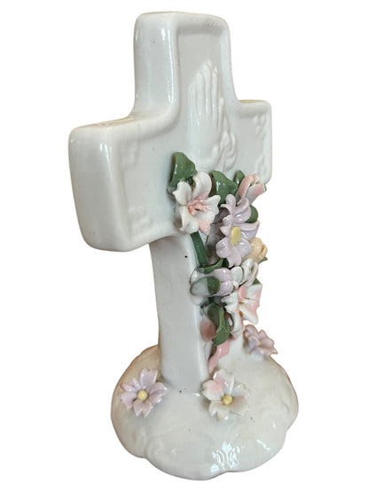Praying Hands Floral Cross 1998 5.5 Inch Freestanding Floral