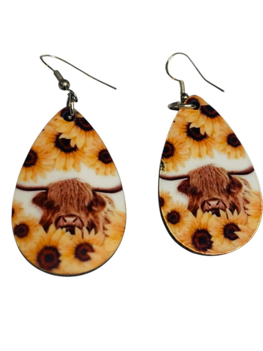 Sunflower Highland Cow Hook Pierced Earrings Lightweight Double Sided