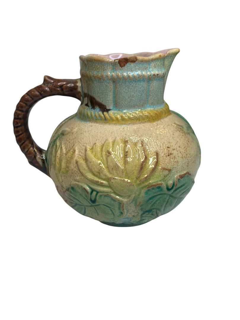 Antique Majolica Water Lily Pond Rope Pitcher Pottery 5 Inch