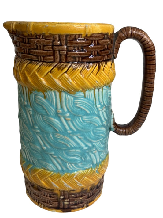 Antique Majolica Basket Weave Cable Pitcher Pottery 7.5 Inch Vibrant