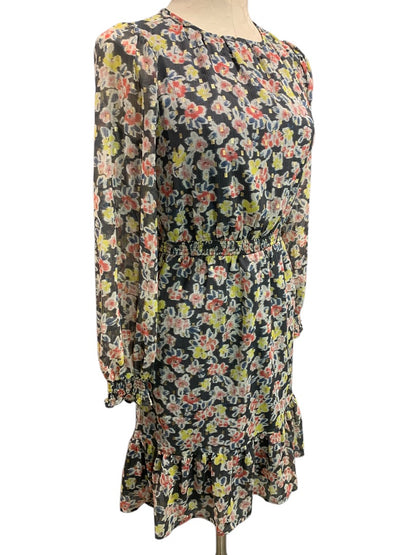 XXS LOFT New Gray Metallic Floral Dress Banded Waist Long Sheer Sleeve