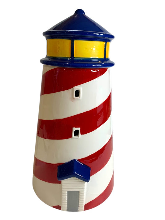 Cheryl's Ceramic Lidded Lighthouse Jar Open Windows 13 Inches Height