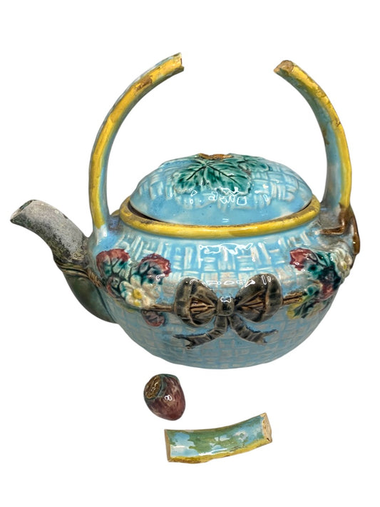 Antique Majolica Strawberry and Basket Teapot for Repair Broken