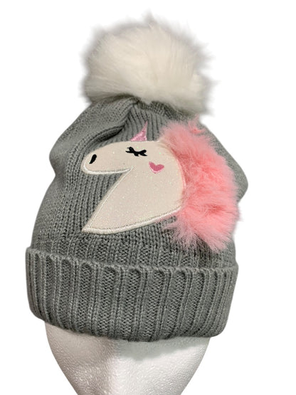 4-6X Emma & Elsa Girls Sweater Knit Hat Unicorn Pompom