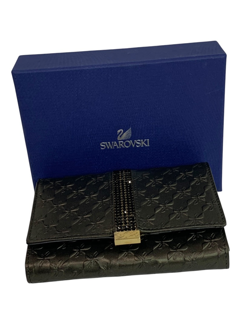 Swarovski Black Embossed Crystal Embellished Wallet 5.5 x 4 Inches New