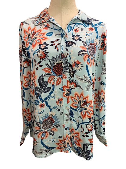 Size 8/10 Chicos Womens Button Up Blouse Shirt Modal Blue Floral