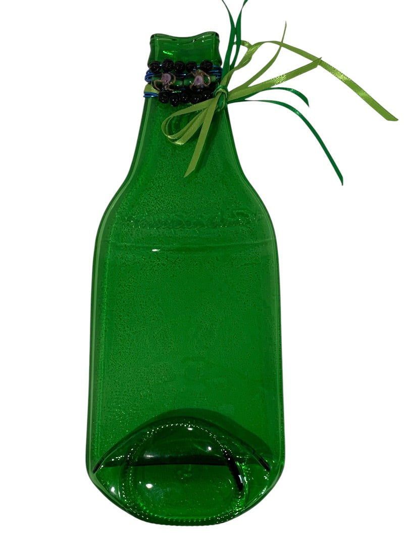Upcycled Flattened Green Glass Bottle Decorative Neck Ribbon Beads 9.5 Inches