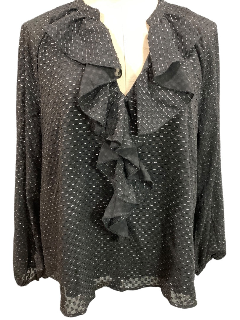 Large Nanette Lepore Womens Black Ruffle Front V-Neck Popover Shirt Blouse