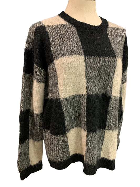 Large Lucky Brand Womens Wool Blend Sweater Buffalo Plaid Gray Black