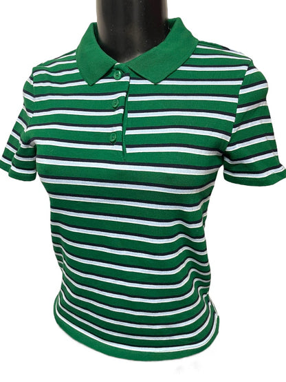 Medium Zara Womens Fitted Waist Length Striped Polo Shirt Green