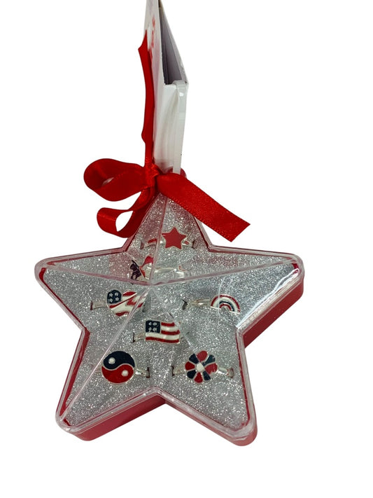 Claires New Set of 7 Adjustable Rings Patriotic USA Silvertone