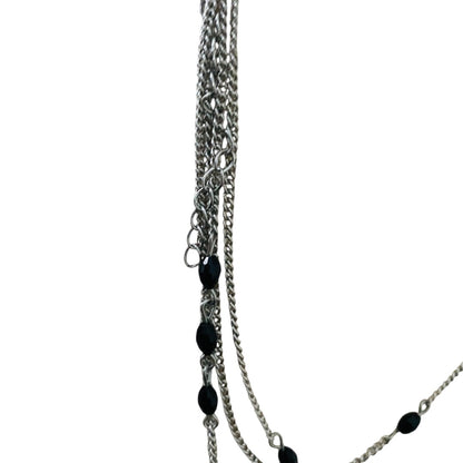 Silvertone and Black Beaded Tiered Necklace 22-25 Inches Lobster Clasp