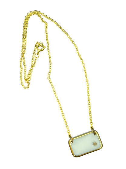 Goldtone Necklace White Rectangle Pendant 16 Inch Spring Closure