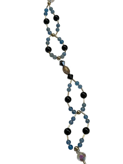 Blue Black Goldtone Shaped Beaded Bracelet 7.5 Inch Spring Clasp