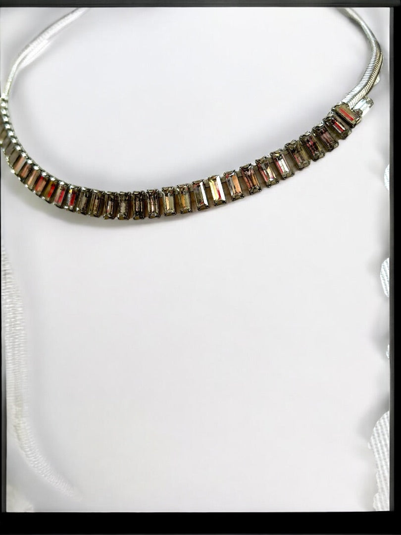Vintage Emerald Cut Rhinestone Necklace on Snake Chain 16 Inch Box Clasp