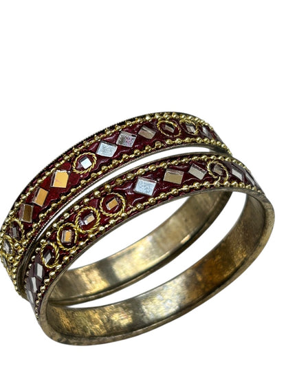 Set of 2 Goldtone and Mirrored Small Bangle Bracelets 2.25" Inside Diameter Burgundy
