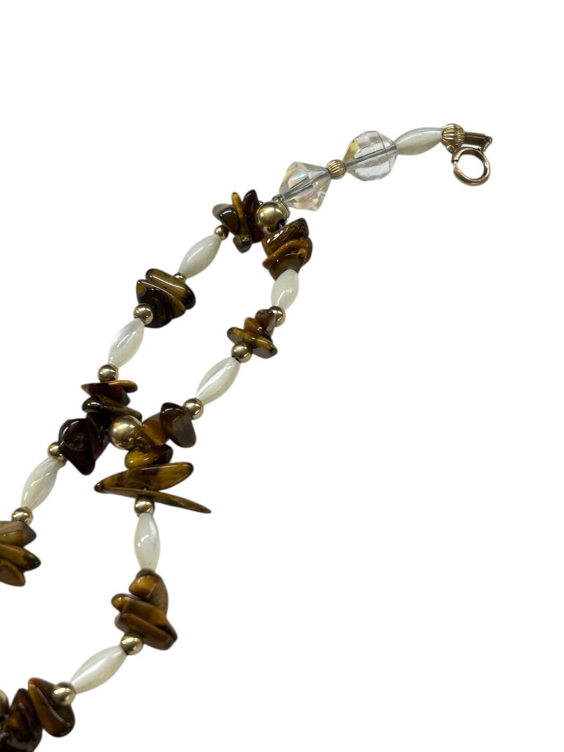 Double Strand Beaded Bracelet White Brown Goldtone Spring Clasp 8"