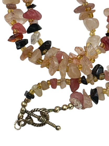 Chip Stone Necklace Goldtone Spacer 28 Inch Toggle Clasp Pink Black