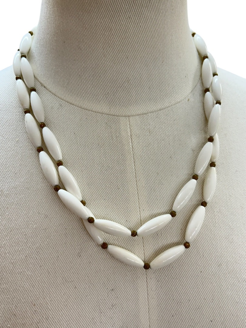 Vintage White Acrylic Bead Necklace Goldtone Foldover Clasp 22 Inch