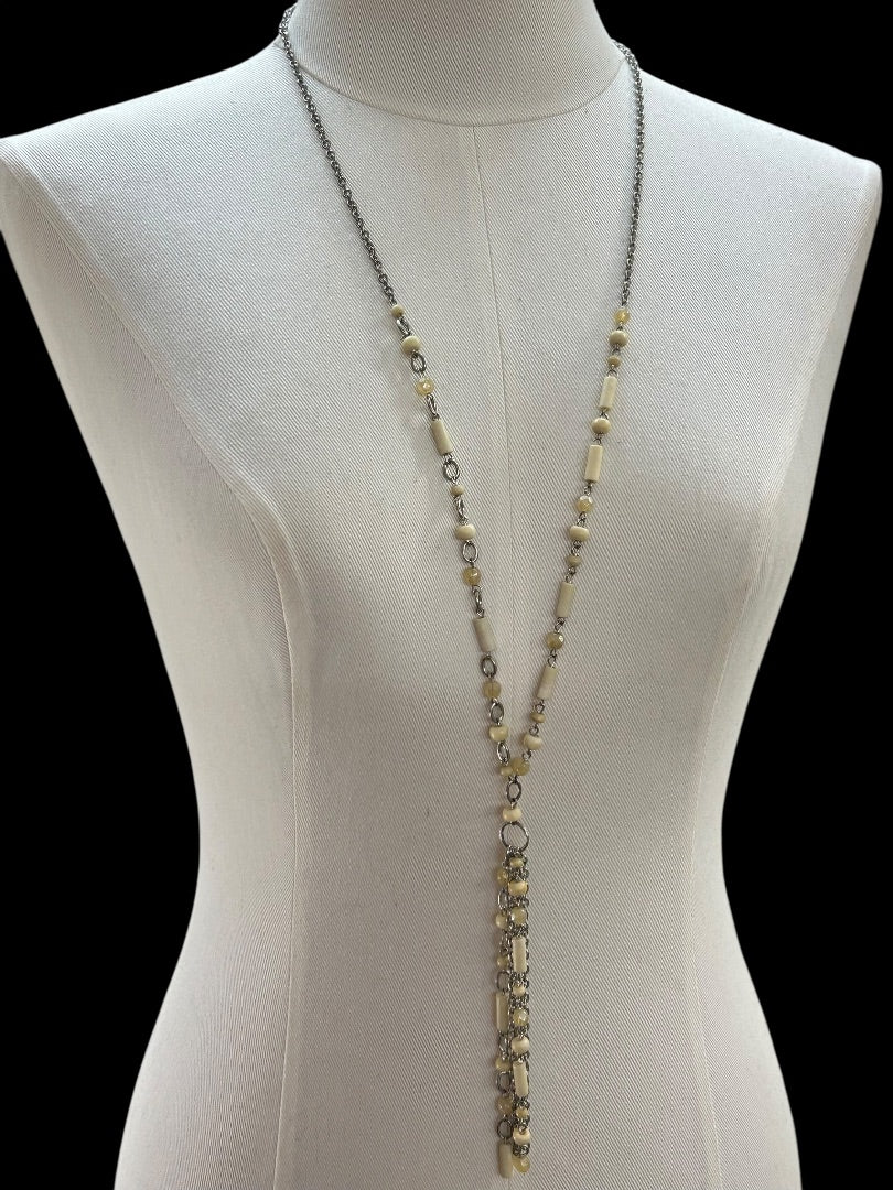 Silvertone Beaded Necklace 34 Inch 5 Inch Drop Cream Beads
