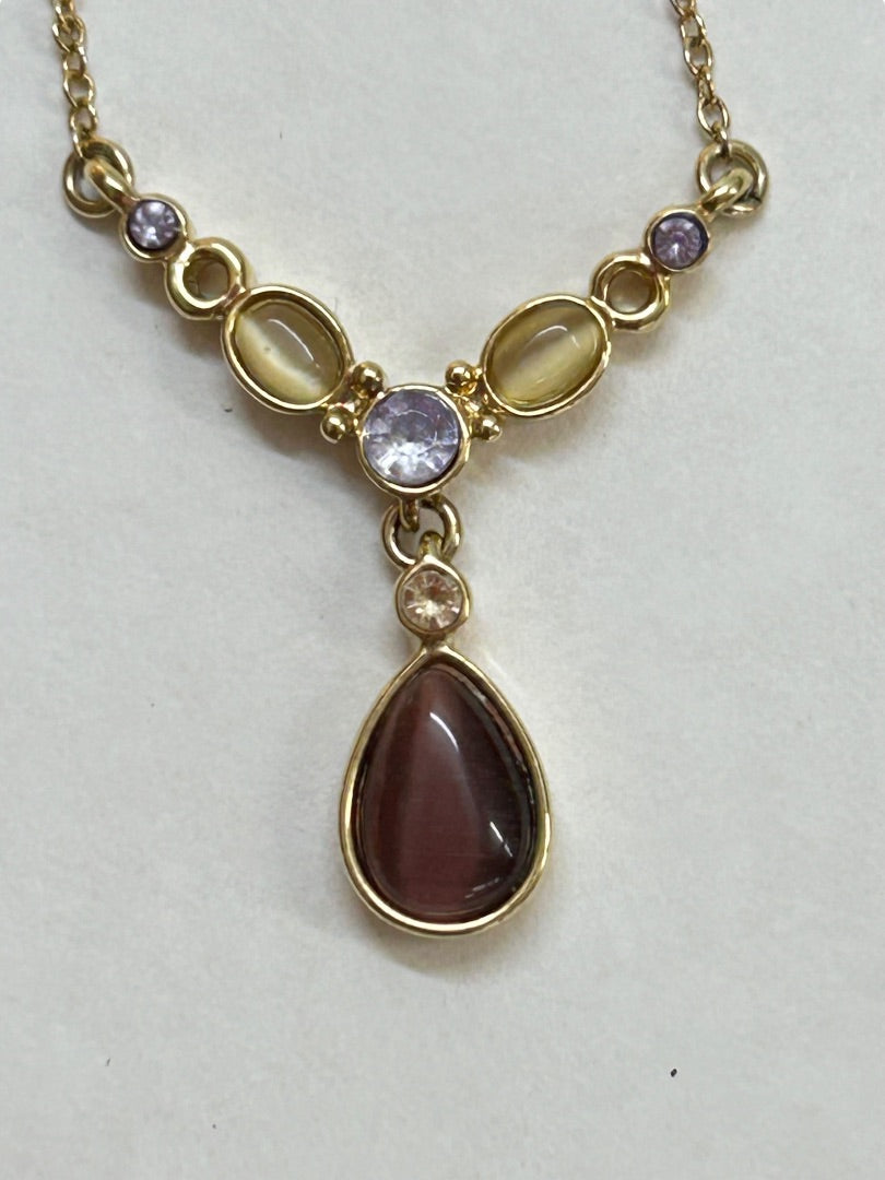 Goldtone Necklace CH Purple Yellow Crystals 15-17 Inch