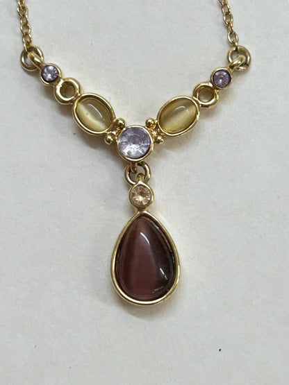 Goldtone Necklace CH Purple Yellow Crystals 15-17 Inch