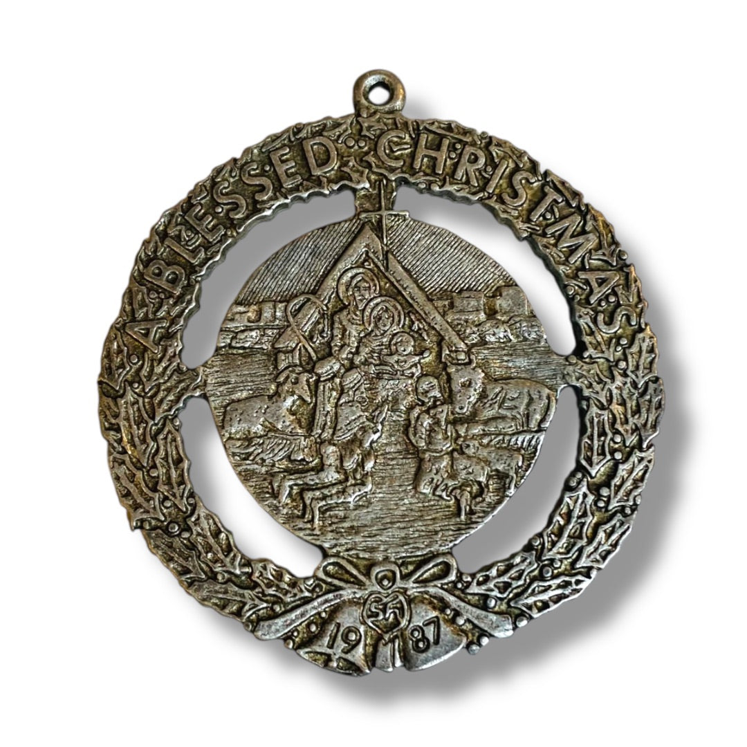 1987 Christmas Ornament Sacred Heart League Small 1.5 Inch Metal