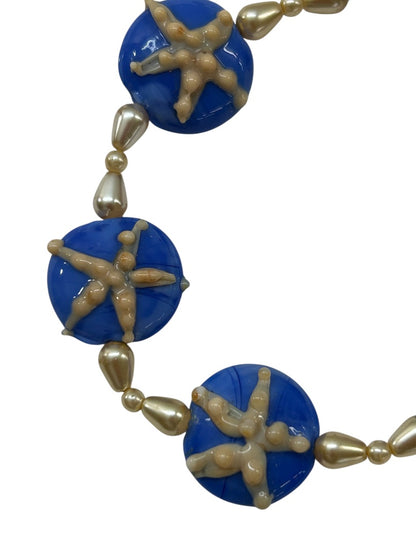 Blue Glass Beaded Starfish Bracelet Toggle Clasp 7.75 Inch