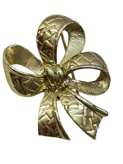 Textured Goldtone Bow Brooch Pin 1.75 Inch Holiday Special Occasion