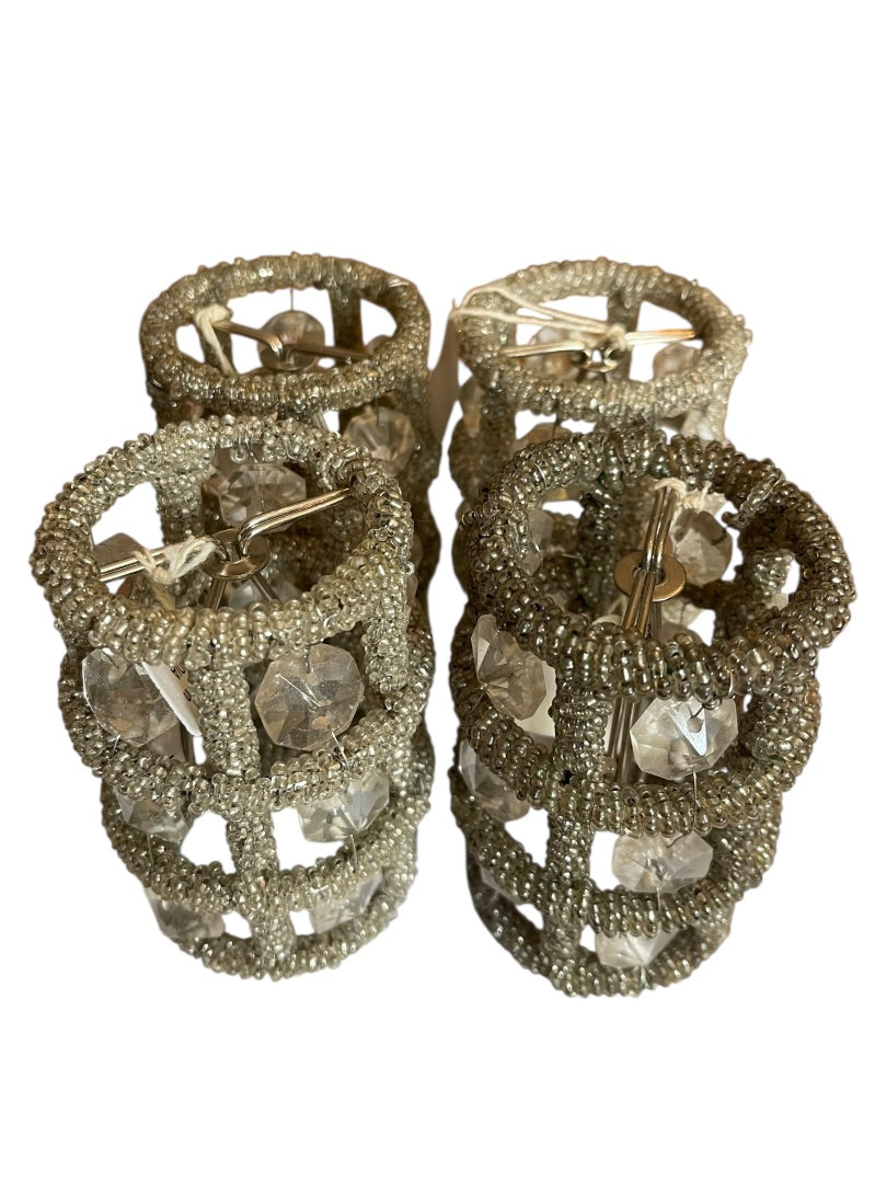 Set of 4 Beaded Lamp Shade Beads Plastic Metal Frame Clip On 4" x 2"