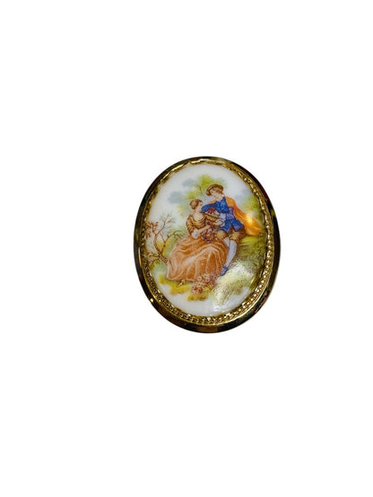 Vintage Fragonard Porcelain Cameo Brooch Pin Romantic Scene 1.9 Inch