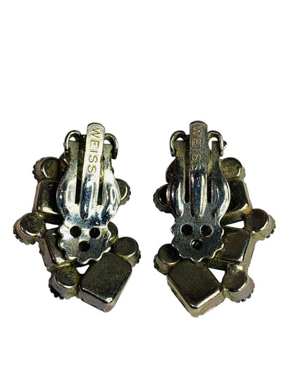 Signed Weiss Blue Crystal Earrings Clip On Non-Pierced 1.25 Inch Silvertone