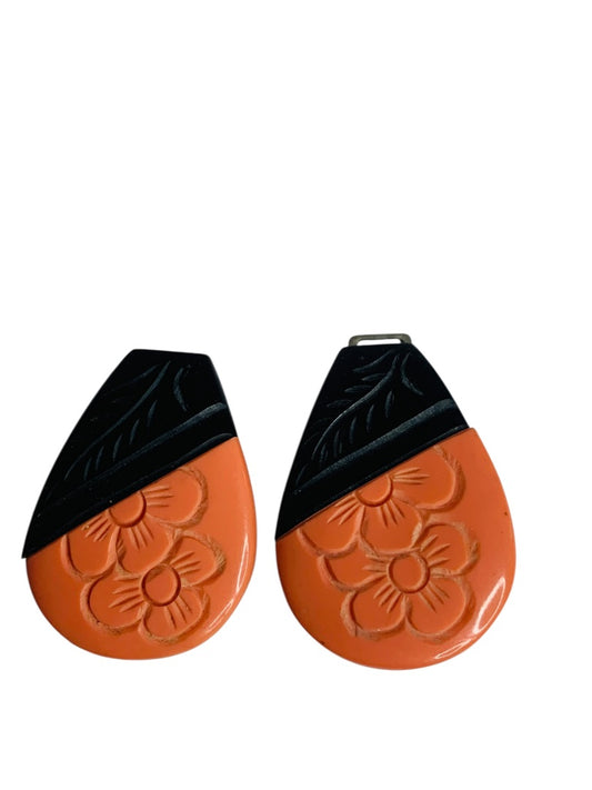 Vintage Belt Buckle Hook Closure 2 Piece Black Coral Etched Floral Fern 1.5 Inch