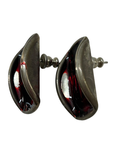 Vintage Fashion Earrings Post Pierced Red Silvertone 1 Inch