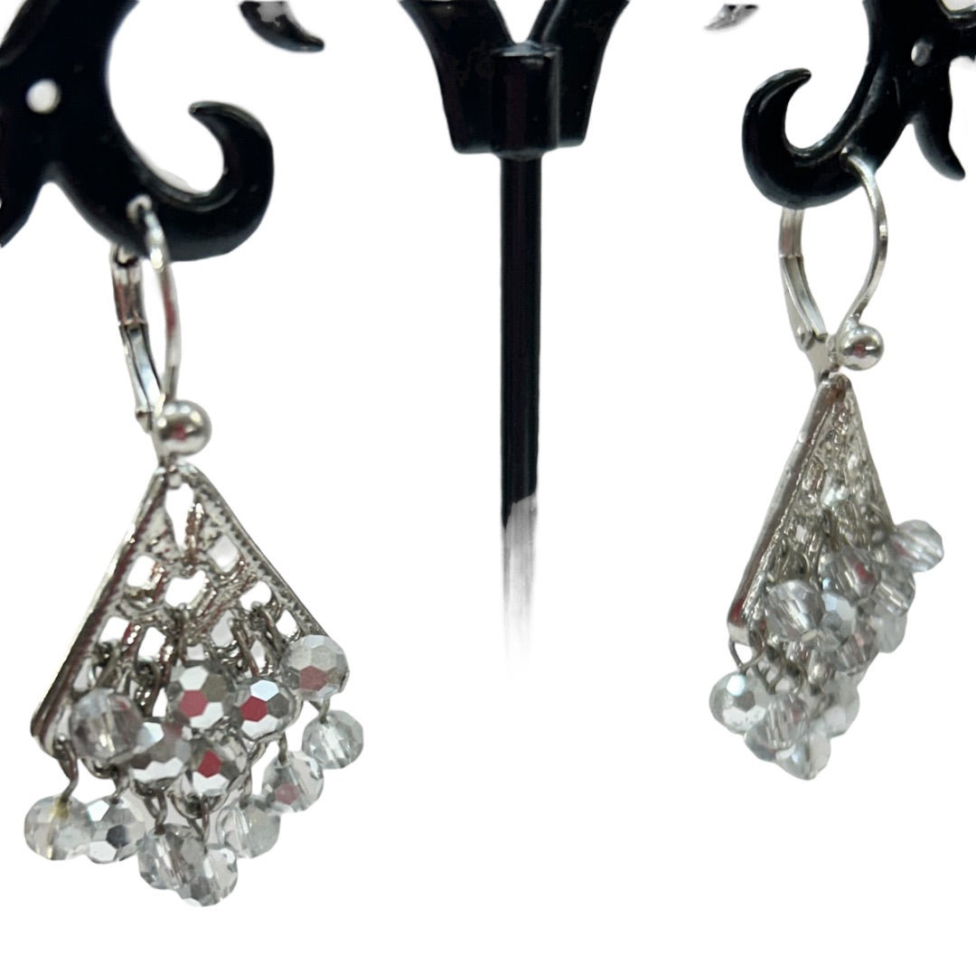 Silvertone Leverback Earrings Gray Crystals 1.5 Inch Drop Dangle