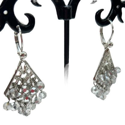 Silvertone Leverback Earrings Gray Crystals 1.5 Inch Drop Dangle