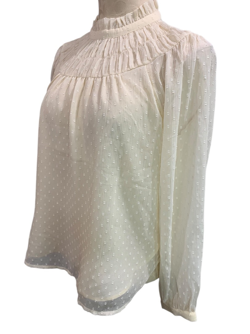 Small Petite Loft Ivory Womens Blouse Flowy Long Sleeve Lined Shirt Sheer Sleeve
