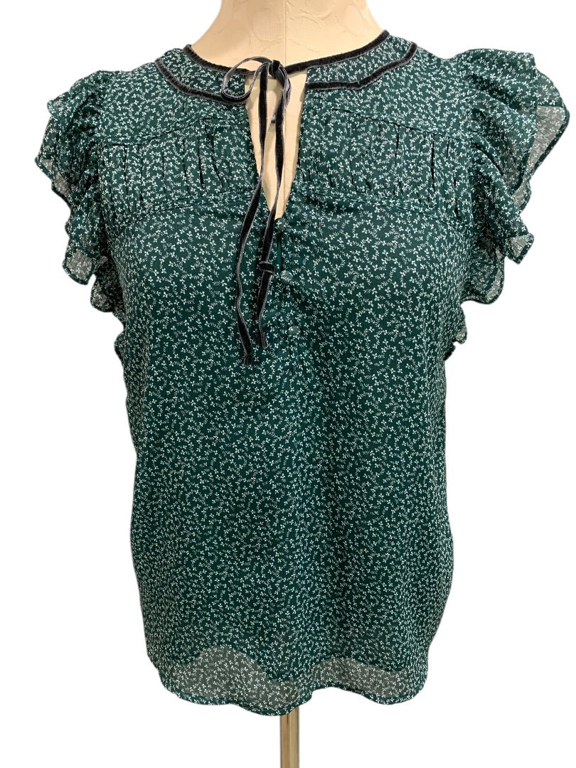 XS Loft Womens Emerald Green Popover Blouse Shirt Velvet Trim Floral