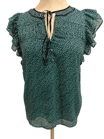 XS Loft Womens Emerald Green Popover Blouse Shirt Velvet Trim Floral