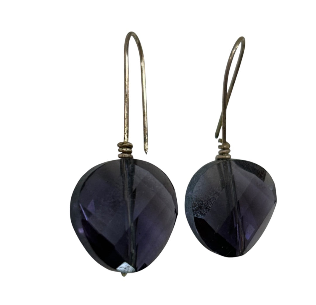 Silvertone and Faceted Acrylic Purple Pierced Fishhook Earrings 1.5" Drop