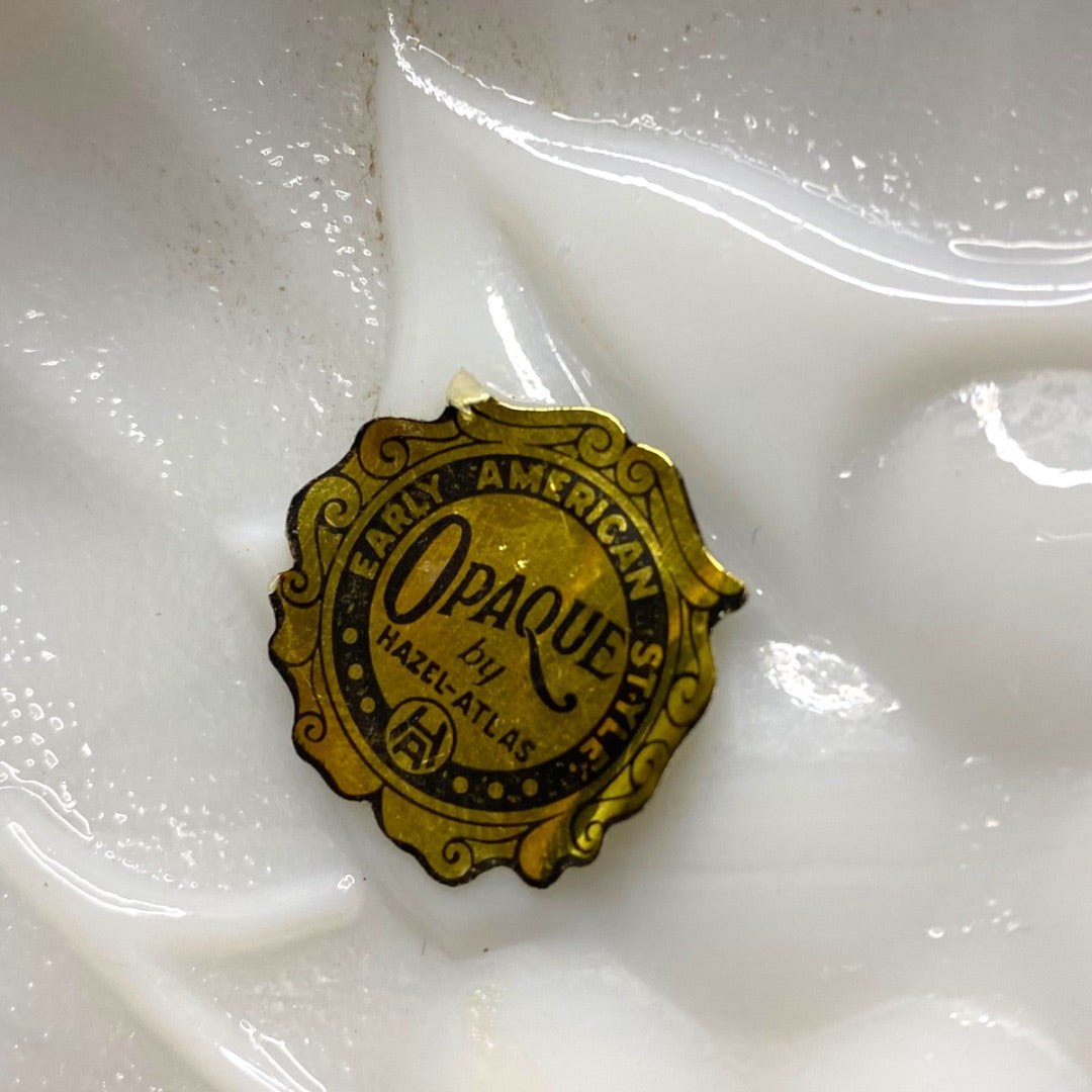 Hazel-Atlas Opaque Milk Glass Candy Dish Strawberry Grape 7" Sticker