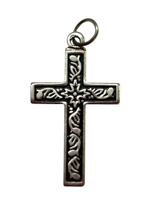 Silvertone Black Ornate Pendant Cross Religious 1.2"