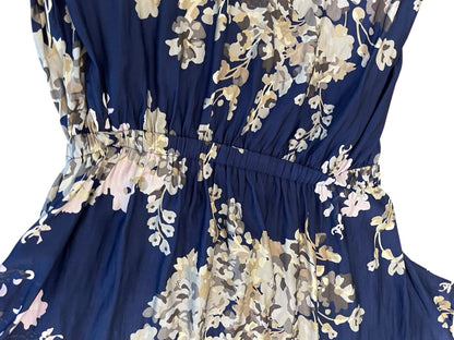 Large Express Floral Scoop Neck Elastic Waist Mini Dress Blue Pockets