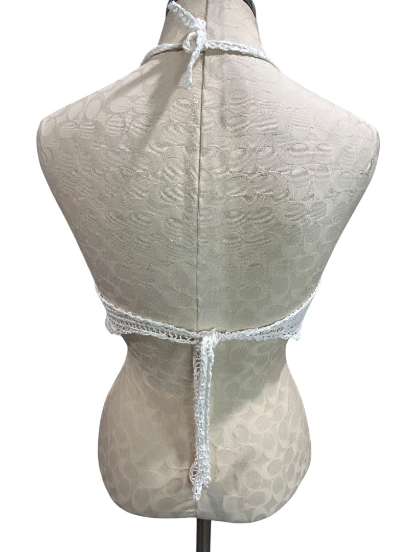 Small Crochet White Tie Crop Top Boho Padded