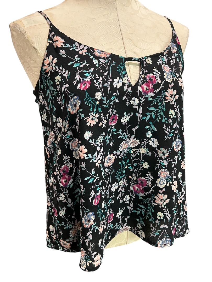 Small Lush Womens Navy Blue Floral Print Sleeveless Blouse Keyhole Neckline