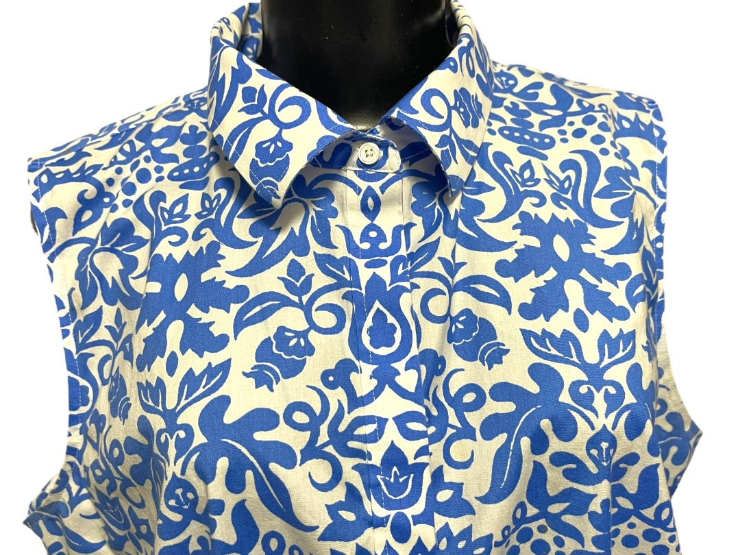 Size 16 Talbots Button Up Wrinkle Resistant Sleeveless Floral Shirt Blue