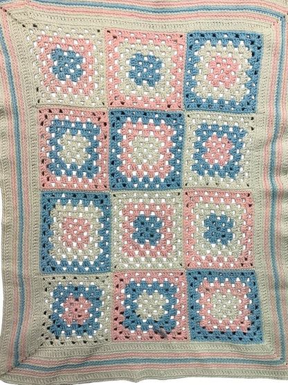 Vintage Baby Blanket Crocheted White Blue Pink Granny Square 39 x 30 Inch